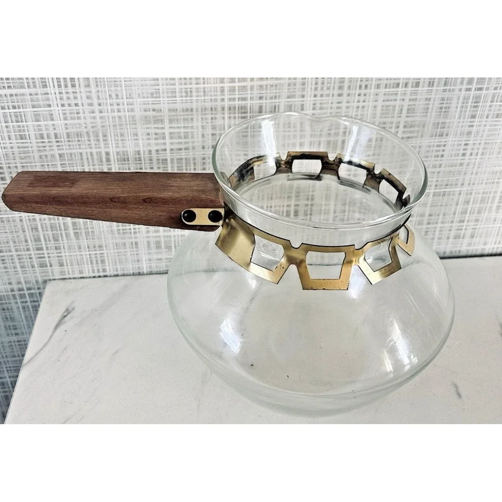 Vintage Inland MCM Clear Glass Coffee Carafe No Stopper Gold Metal Band‎ Barware